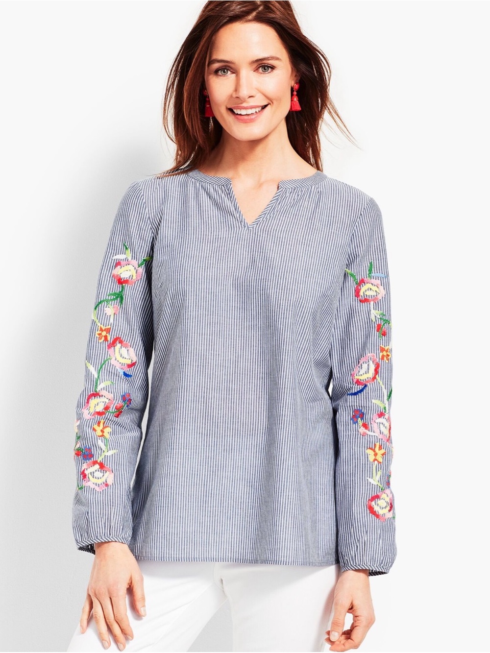 Talbots Striped Popover with Floral Sleeve Embroidery